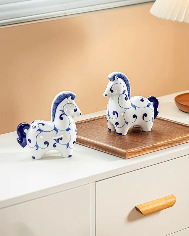 Jingdezhen Blue & White Porcelain "Auspicious Horse" Statue | Home & Office Prosperity Decor
