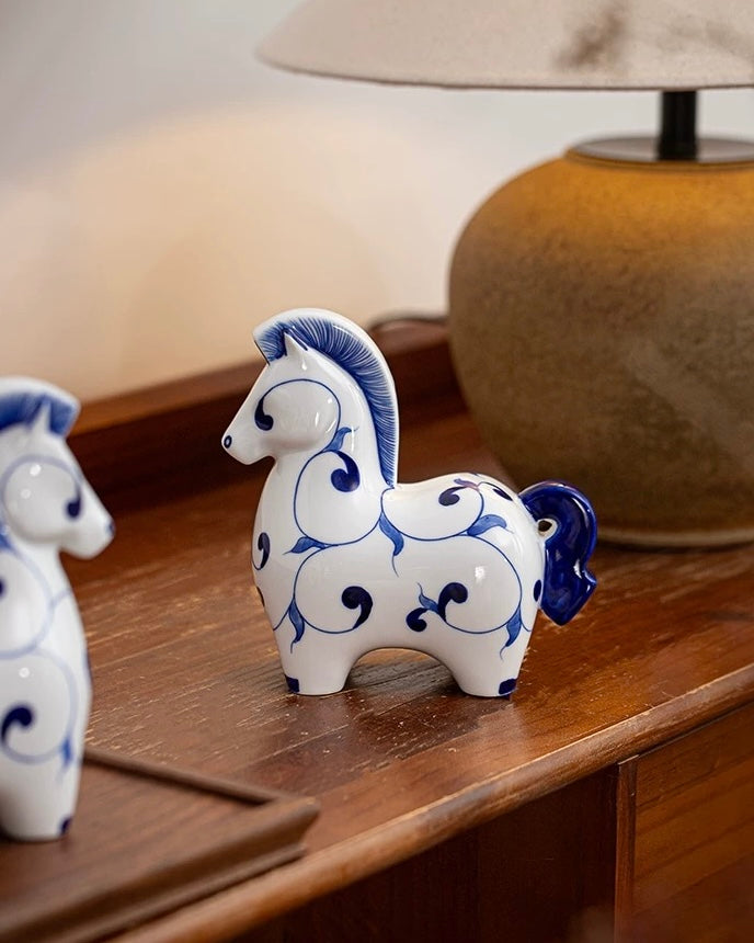 Jingdezhen Blue & White Porcelain "Auspicious Horse" Statue | Home & Office Prosperity Decor