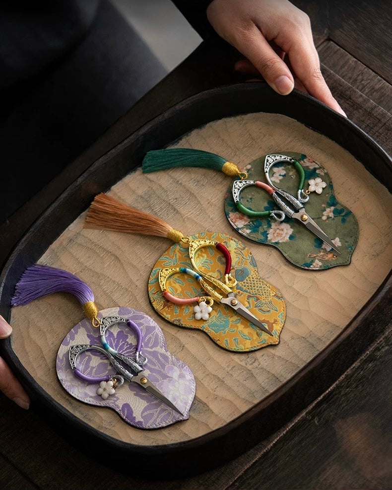 Artisan "Flowing Petal" Tassel Shears | Precision Tea Art Scissors with Brocade Sleeve