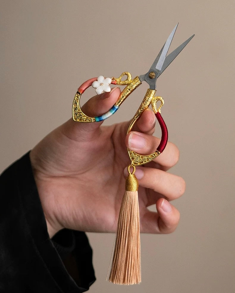 Artisan "Flowing Petal" Tassel Shears | Precision Tea Art Scissors with Brocade Sleeve