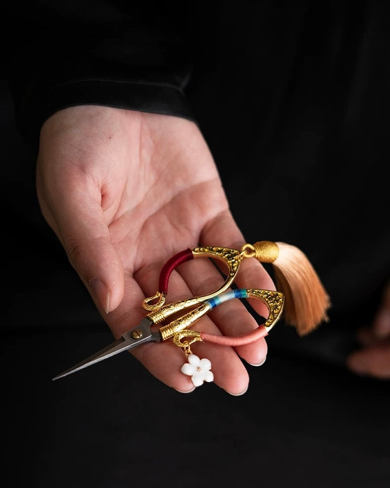 Artisan "Flowing Petal" Tassel Shears | Precision Tea Art Scissors with Brocade Sleeve