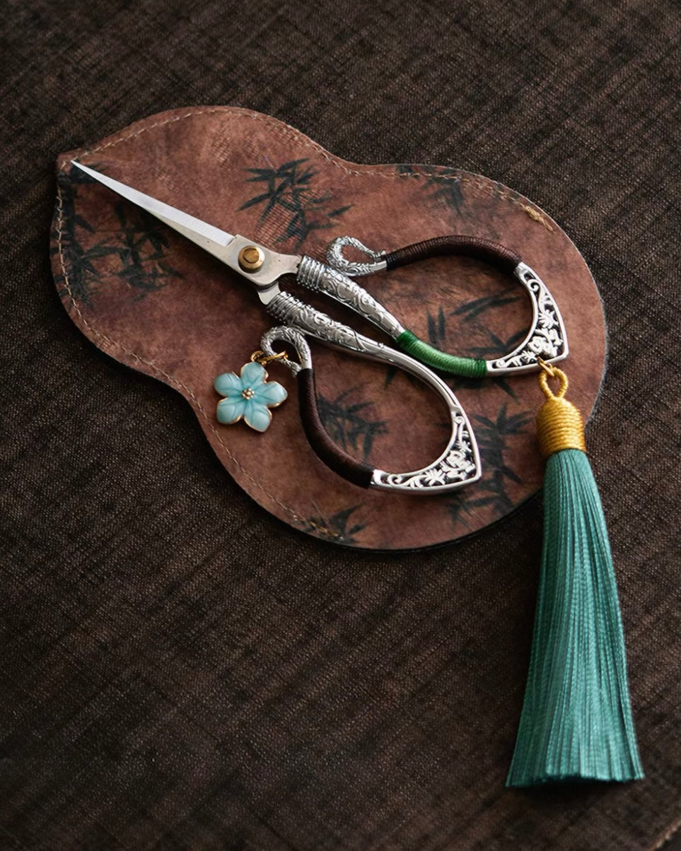Artisan "Flowing Petal" Tassel Shears | Precision Tea Art Scissors with Brocade Sleeve