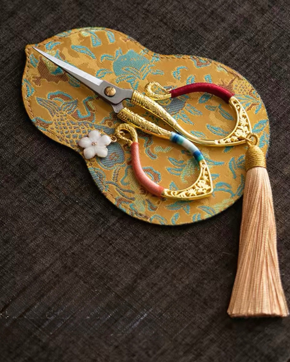 Artisan "Flowing Petal" Tassel Shears | Precision Tea Art Scissors with Brocade Sleeve