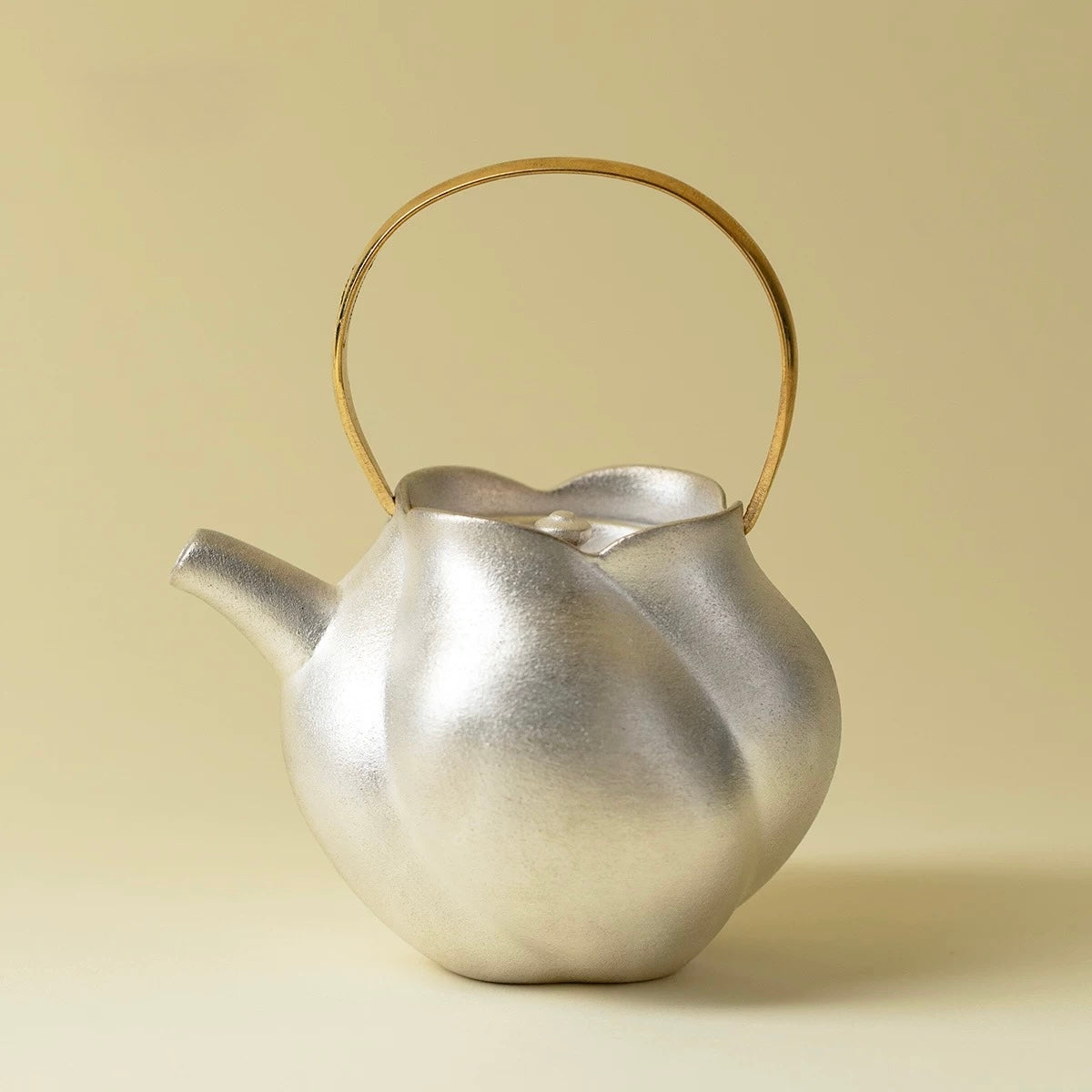 Handcrafted Gilded Silver "Side-Handle" Teapot | Copper Handle & Coarse Pottery