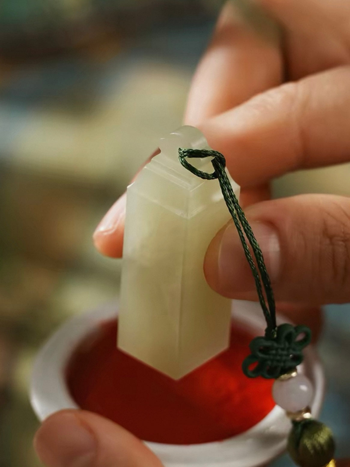 Custom Hand-Carved Green Jade Seal – Personalized Name Stamp with Cord or Tassel