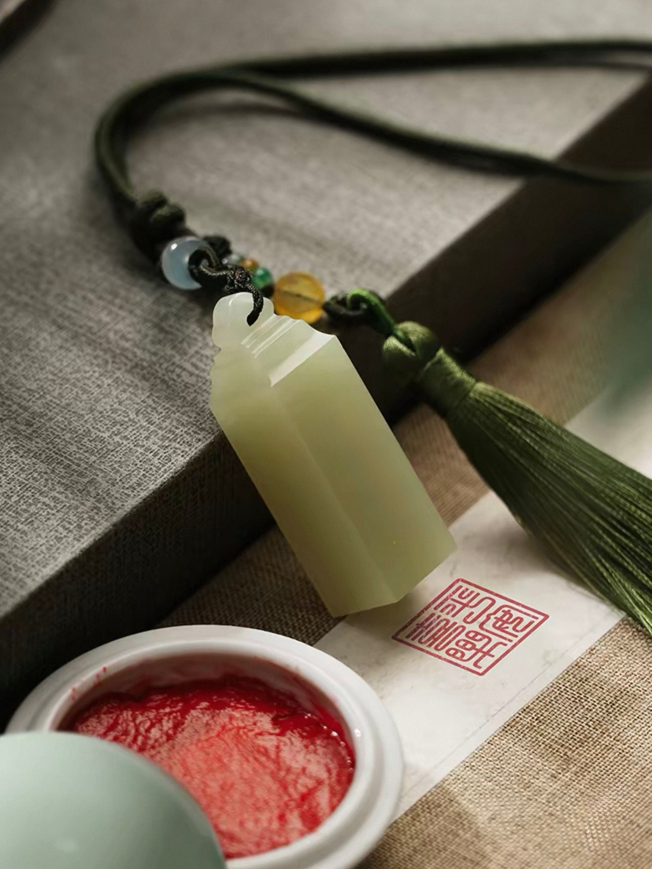Custom Hand-Carved Green Jade Seal – Personalized Name Stamp with Cord or Tassel