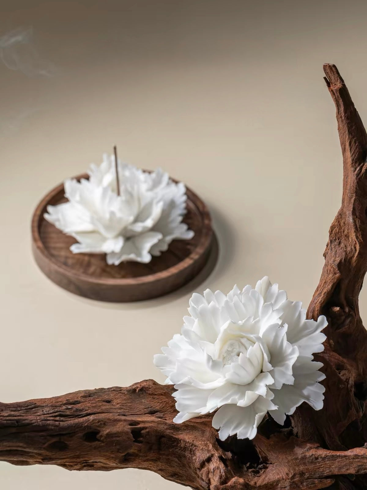 Handcrafted Jade Porcelain Peony Incense Holder – Sculpted Ceramic Flower with Optional Engraved Walnut Base