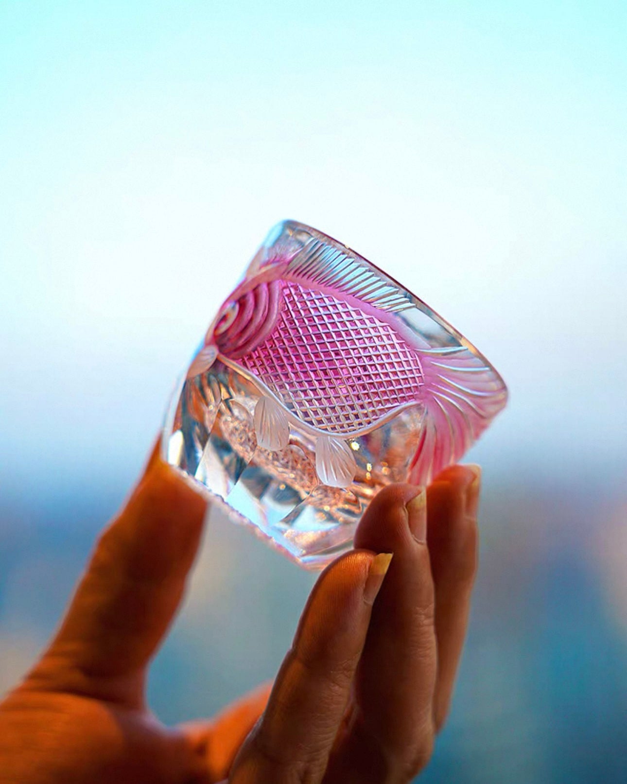 Hand-Carved Edo Kiriko "Plum Red" Crystal Spirit Glass