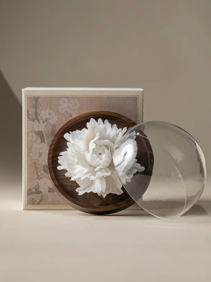 Handcrafted Jade Porcelain Peony Incense Holder – Sculpted Ceramic Flower with Optional Engraved Walnut Base