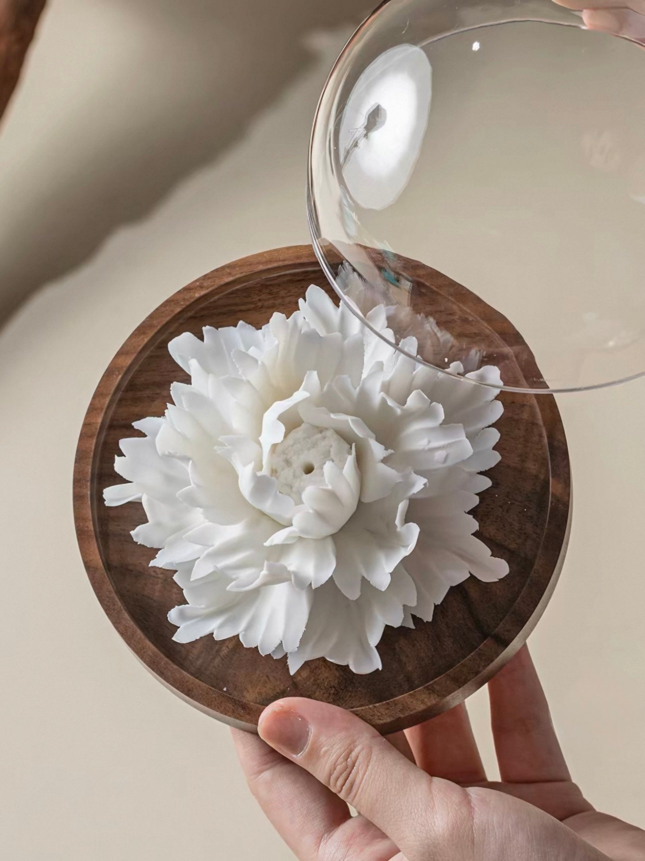 Handcrafted Jade Porcelain Peony Incense Holder – Sculpted Ceramic Flower with Optional Engraved Walnut Base