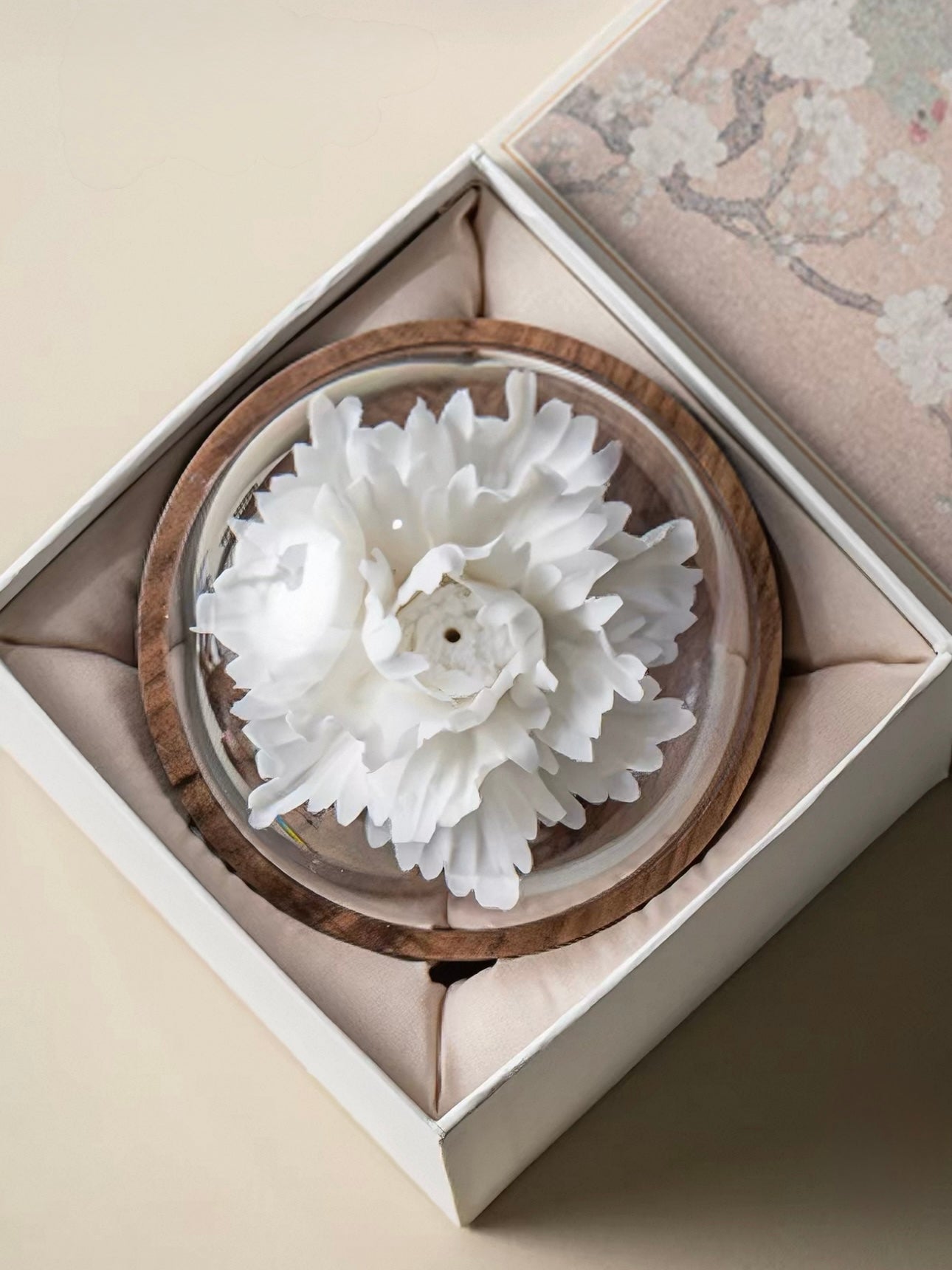 Handcrafted Jade Porcelain Peony Incense Holder – Sculpted Ceramic Flower with Optional Engraved Walnut Base