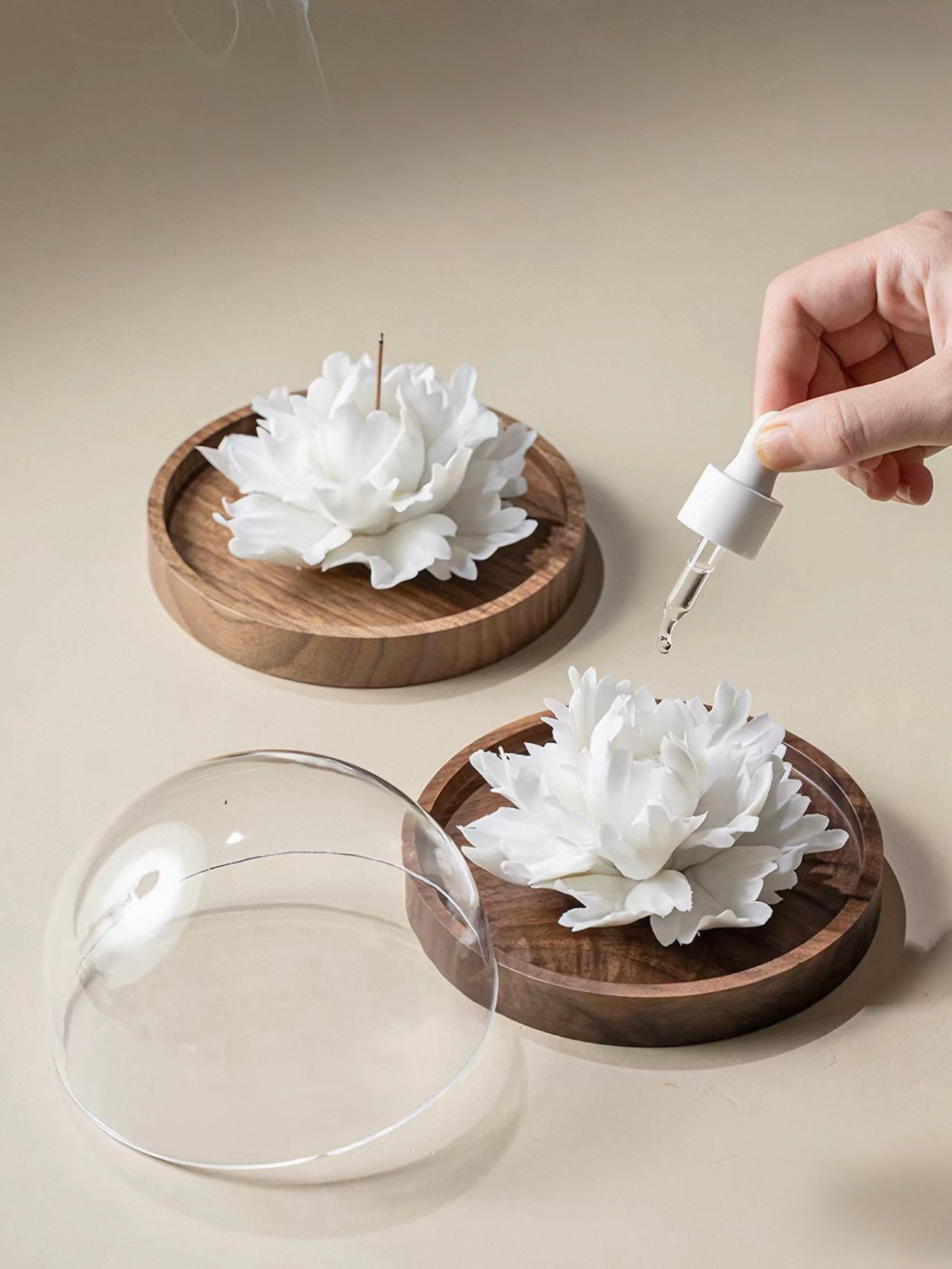 Handcrafted Jade Porcelain Peony Incense Holder – Sculpted Ceramic Flower with Optional Engraved Walnut Base