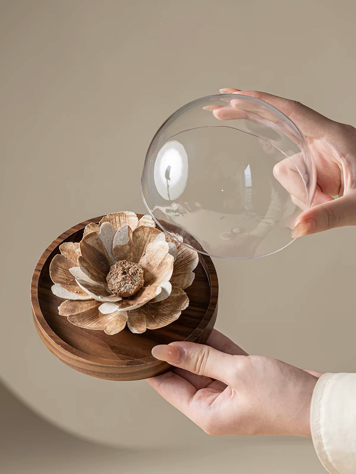 Handcrafted Wabi-Sabi Ceramic Flower Incense Holder – Artisan Porcelain Sculpture with Optional Engraved Walnut Base