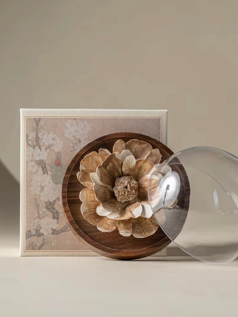 Handcrafted Wabi-Sabi Ceramic Flower Incense Holder – Artisan Porcelain Sculpture with Optional Engraved Walnut Base