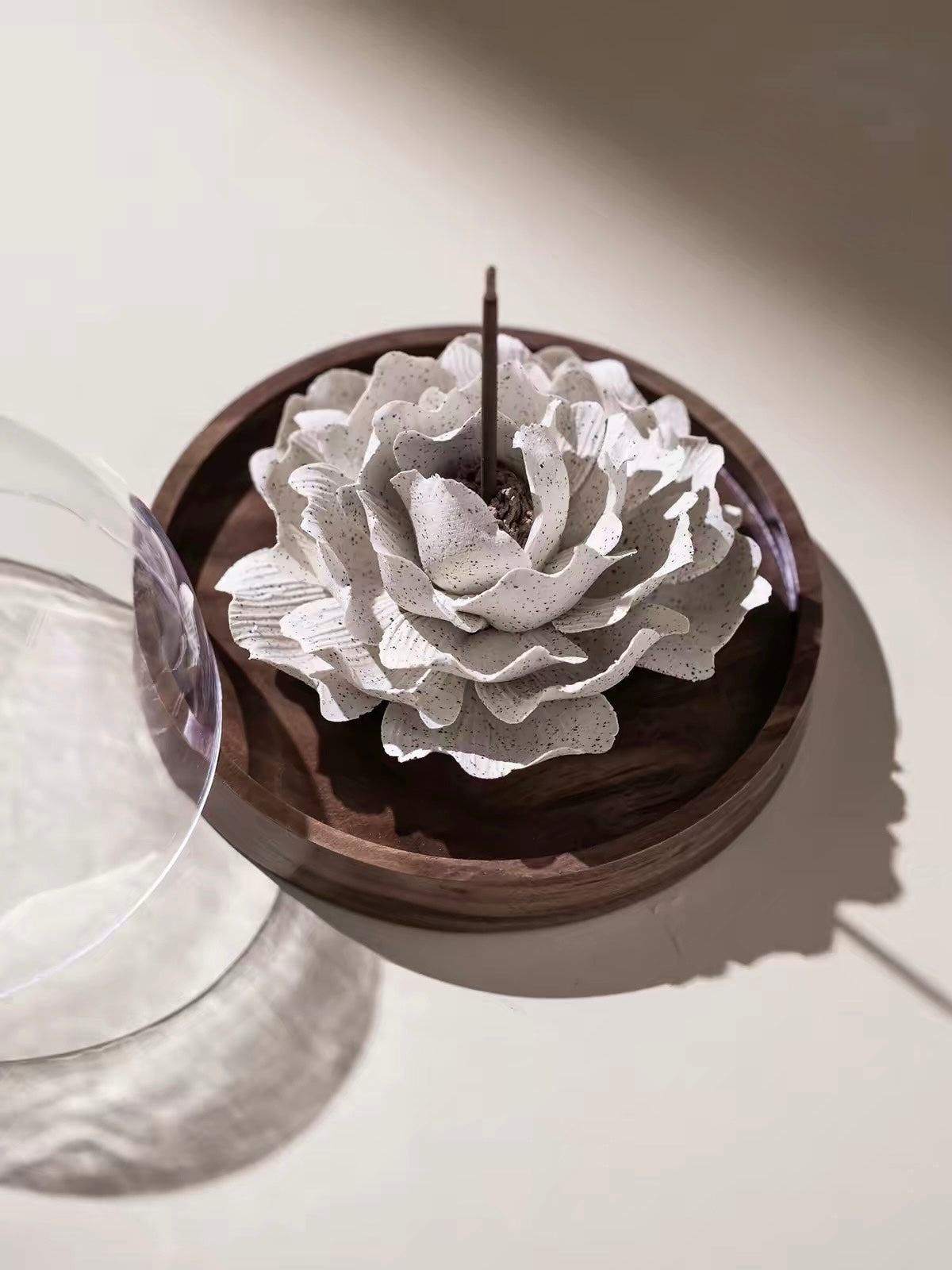 Handcrafted Ash Blossom Ceramic Incense Holder and Aroma Diffuser – Artisan Flower Sculpture with Optional Engraved Walnut Base