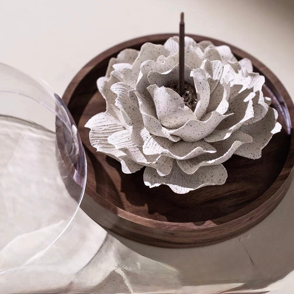 Handcrafted Ash Blossom Ceramic Incense Holder and Aroma Diffuser – Artisan Flower Sculpture with Optional Engraved Walnut Base