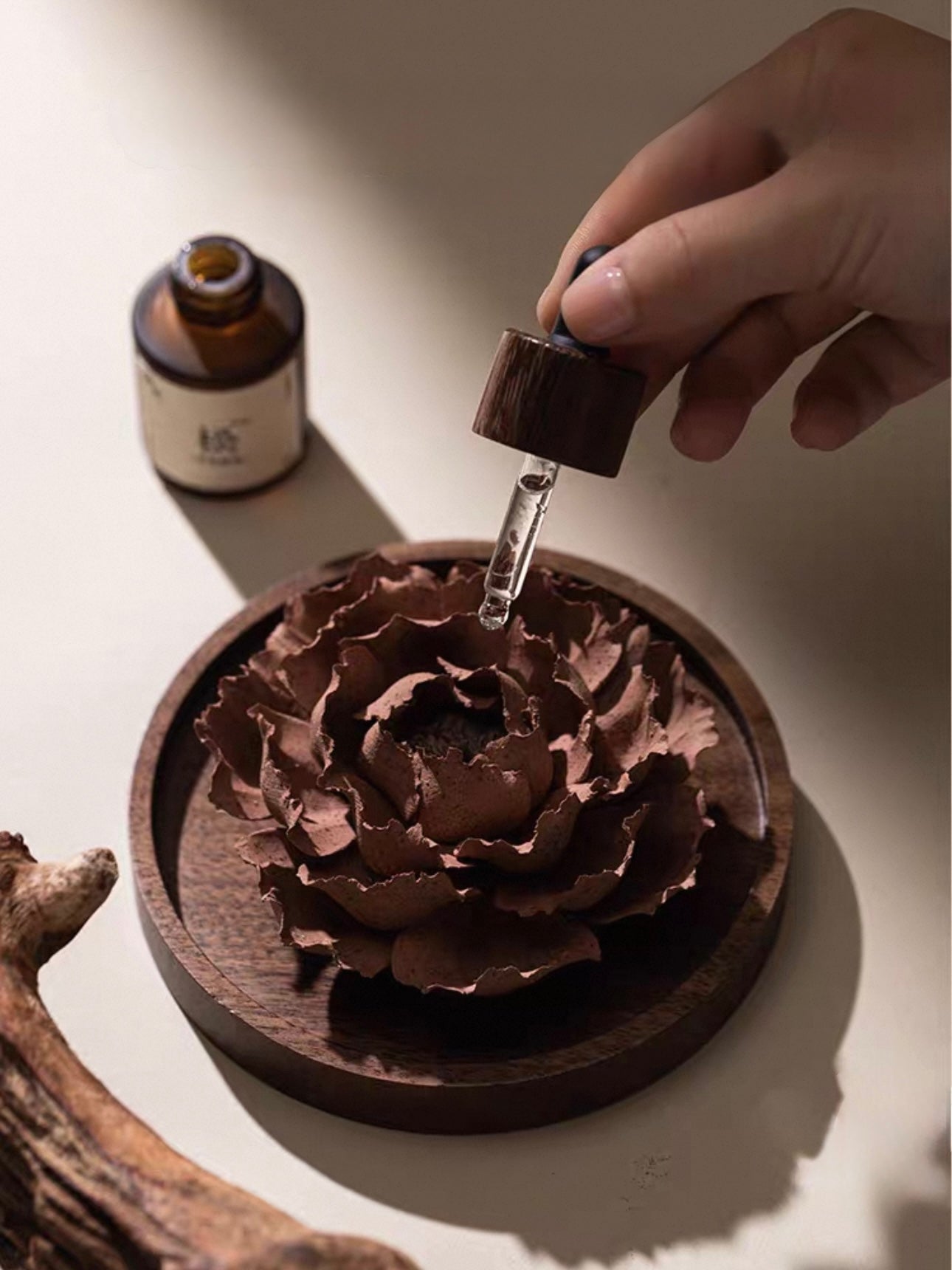 Handcrafted Crimson Blossom Ceramic Incense Holder and Aroma Diffuser – Artisan Flower Sculpture with Optional Engraved Walnut Base