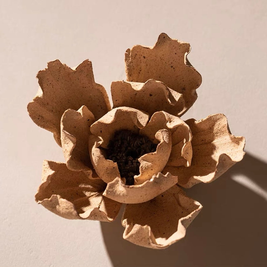 Handcrafted Wabi-Sabi Ceramic Flower Incense Holder and Aroma Diffuser – Artisan Sculpture with Optional Engraved Walnut Base