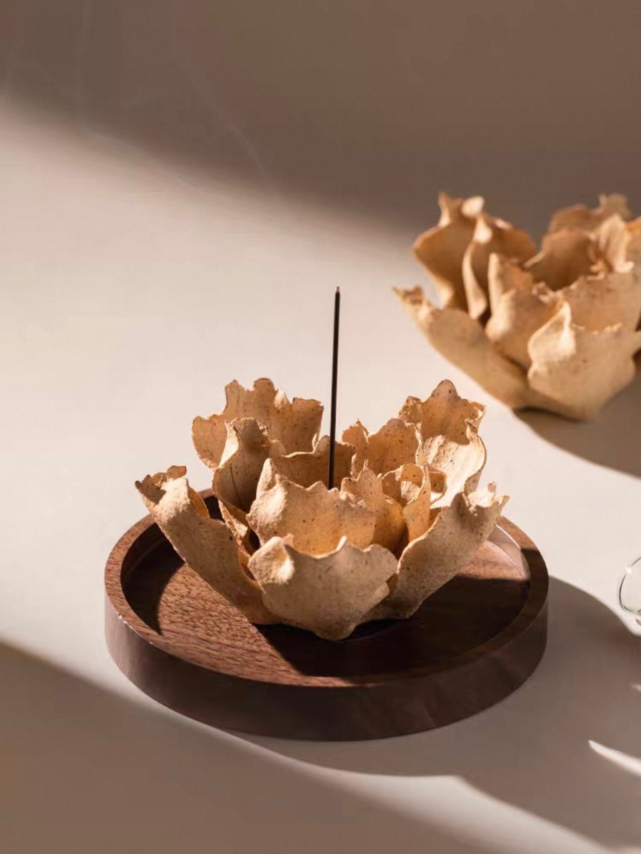 Handcrafted Wabi-Sabi Ceramic Flower Incense Holder and Aroma Diffuser – Artisan Sculpture with Optional Engraved Walnut Base