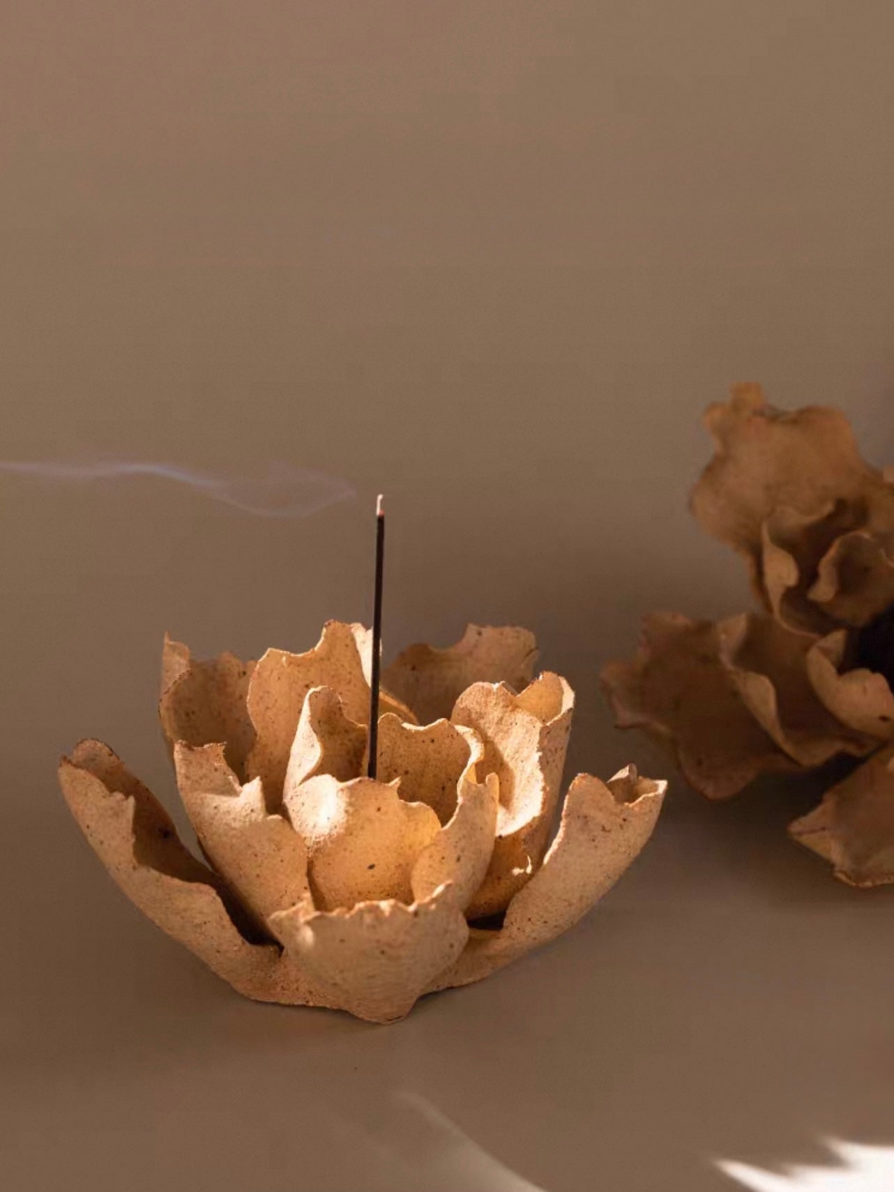 Handcrafted Wabi-Sabi Ceramic Flower Incense Holder and Aroma Diffuser – Artisan Sculpture with Optional Engraved Walnut Base