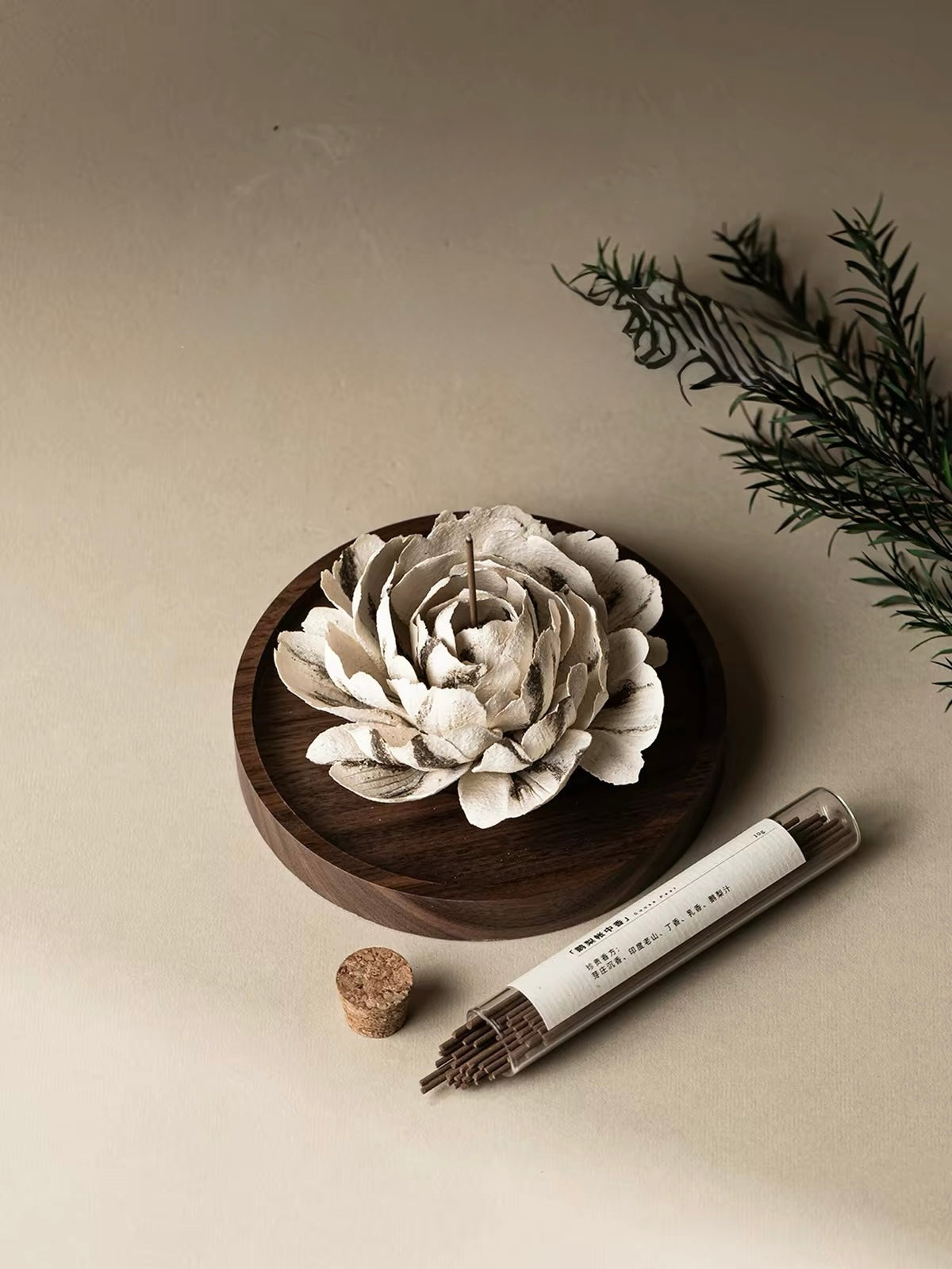 Handcrafted Peony Ceramic Incense Holder – Artisan Floral Sculpture with Walnut Base