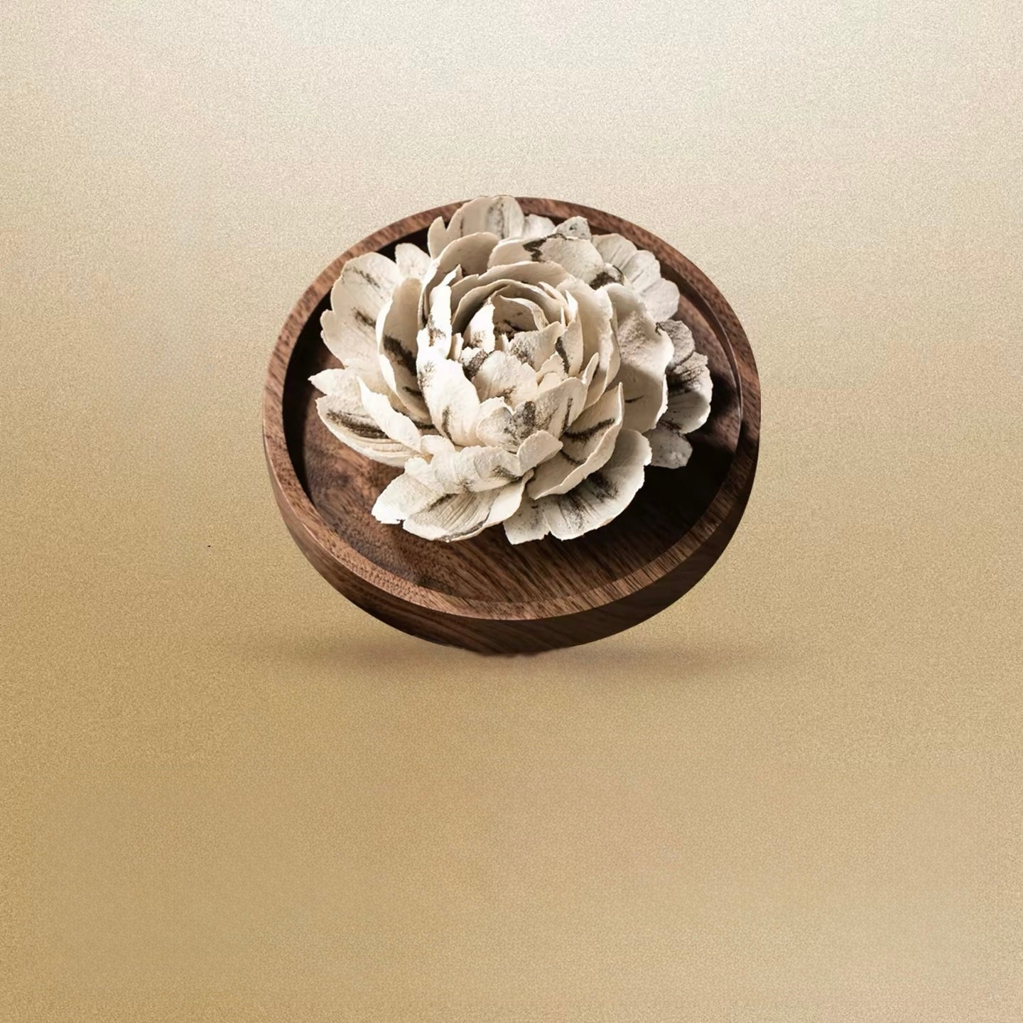 Handcrafted Peony Ceramic Incense Holder – Artisan Floral Sculpture with Walnut Base