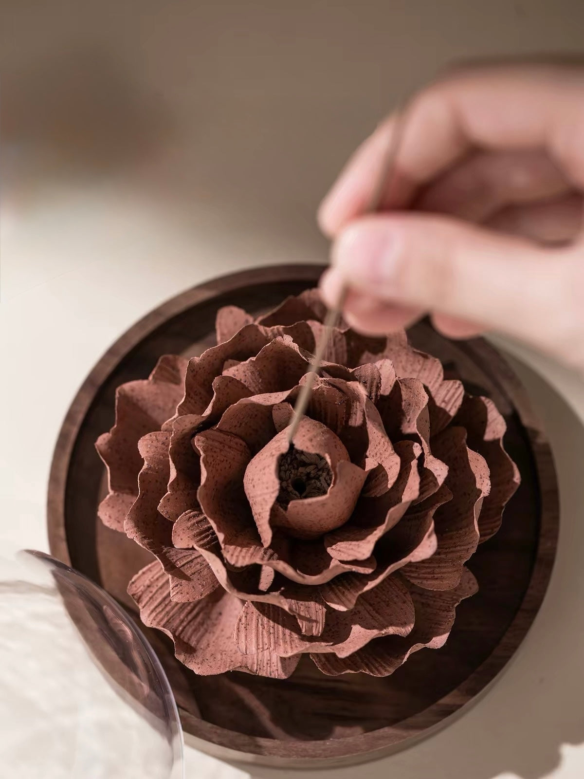 Handcrafted Crimson Ceramic Flower Incense Holder and Aroma Diffuser – Artisan Sculpture with Optional Engraved Walnut Base
