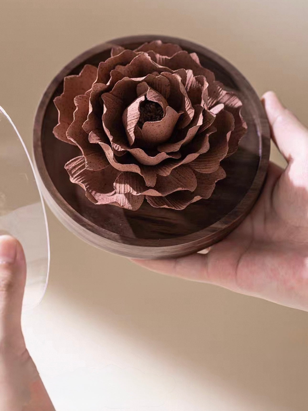 Handcrafted Crimson Ceramic Flower Incense Holder and Aroma Diffuser – Artisan Sculpture with Optional Engraved Walnut Base