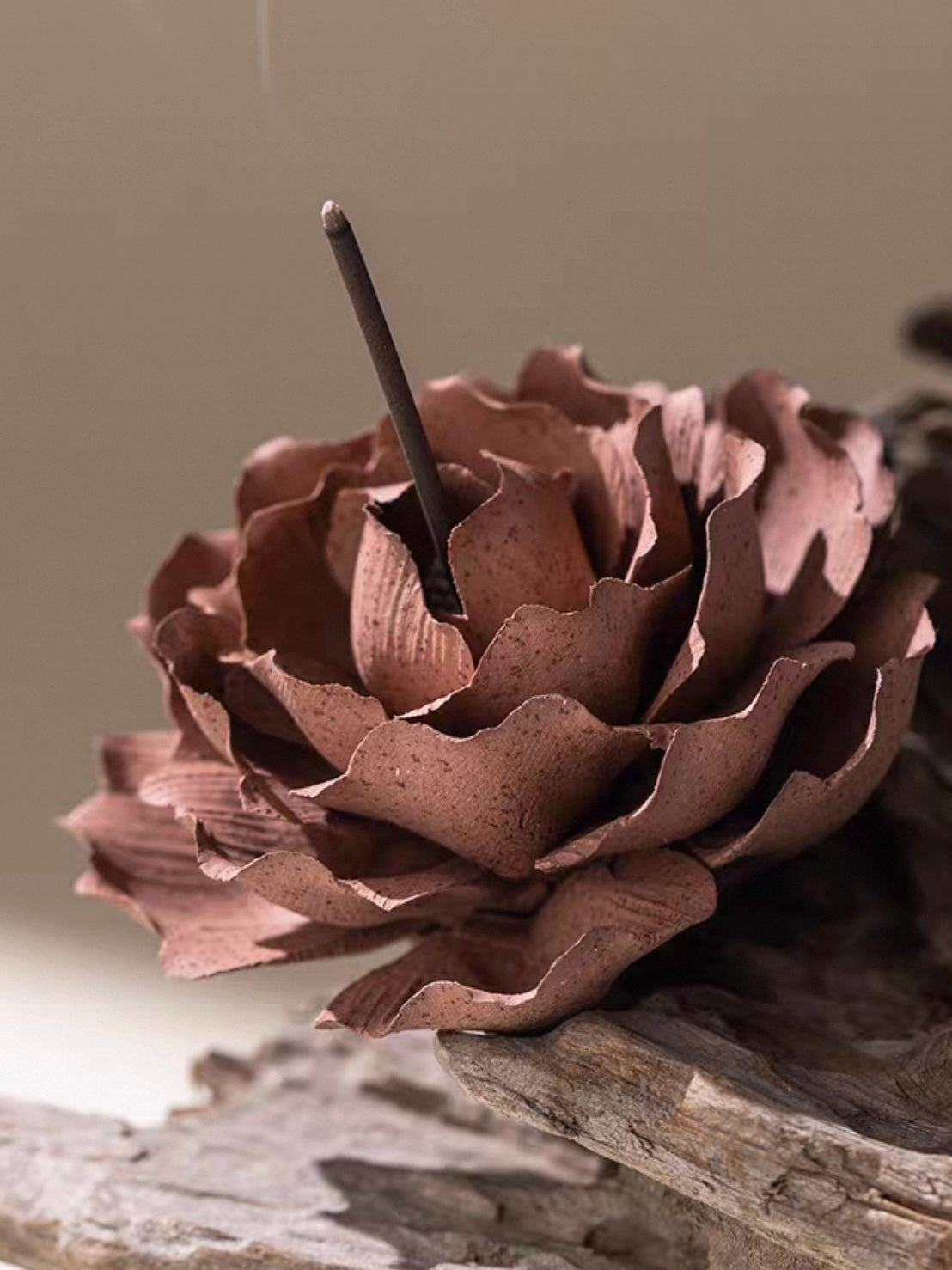 Handcrafted Crimson Ceramic Flower Incense Holder and Aroma Diffuser – Artisan Sculpture with Optional Engraved Walnut Base