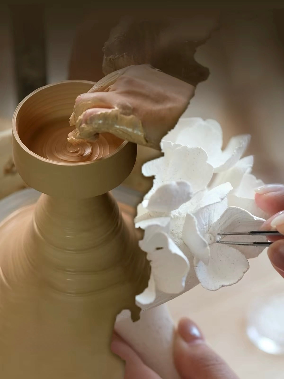 Handcrafted Bloom Ceramic Candle Holder and Incense Holder – Artisan Floral Centerpiece with Brass Incense Insert