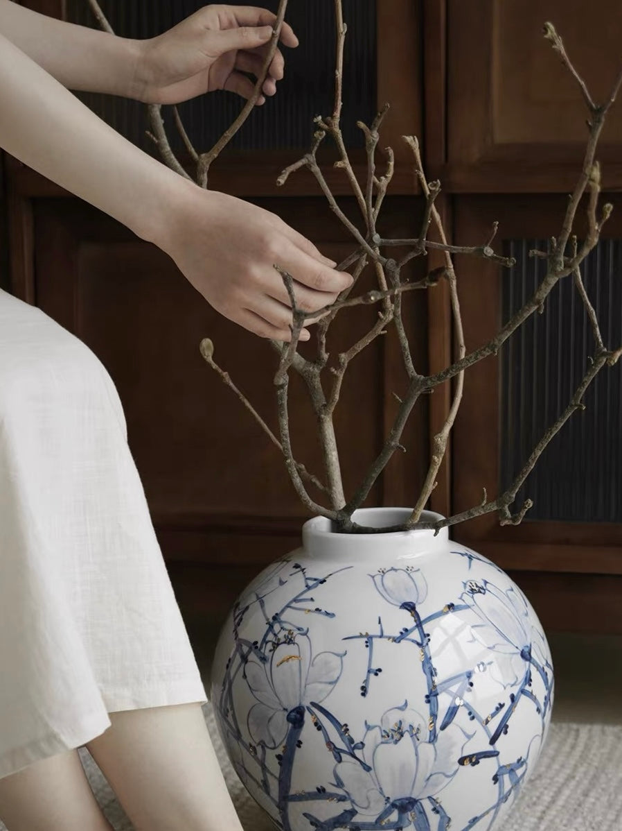 Handcrafted Blue Blossom Porcelain Vase with Gold Accents – Sculptural Floral Decorative Vase