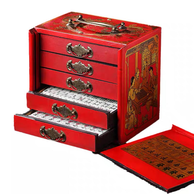 Carved Five-Drawer Travel Mahjong Set