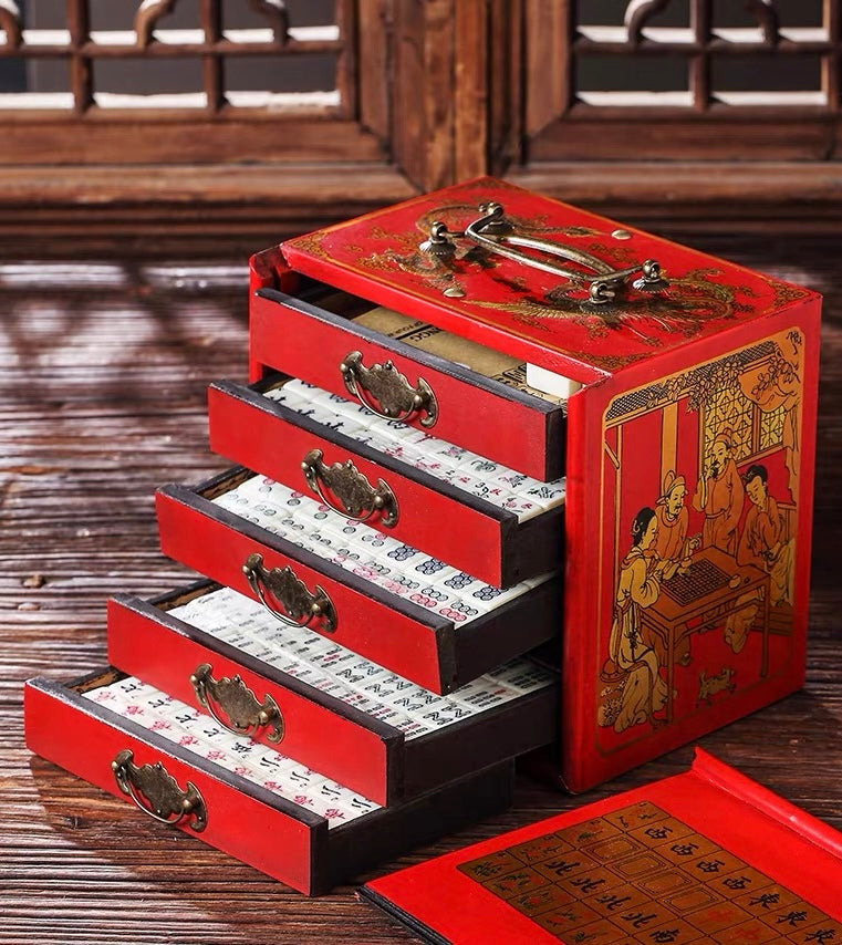 Carved Five-Drawer Travel Mahjong Set
