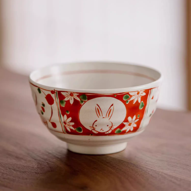 Authentic Hasami-yaki Hand-Painted Rabbit Motif Stoneware Bowl Set