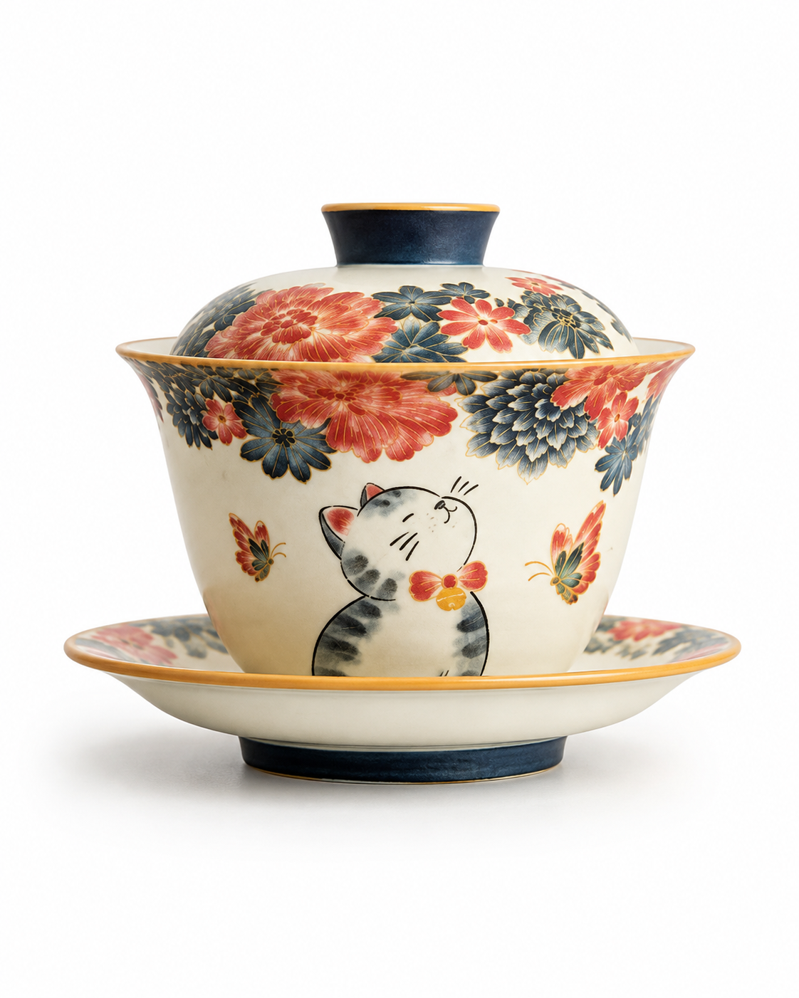 Hand-Painted "Cats in the Garden" Sancai Gaiwan