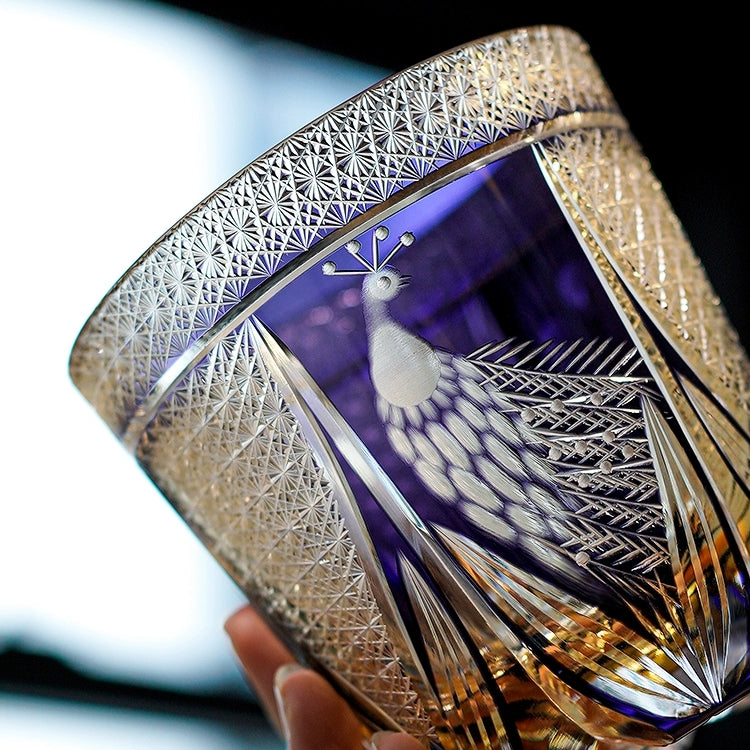 Edo Kiriko Handcrafted Violet Peacock Whisky Glass – A Royal Bloom in Crystal