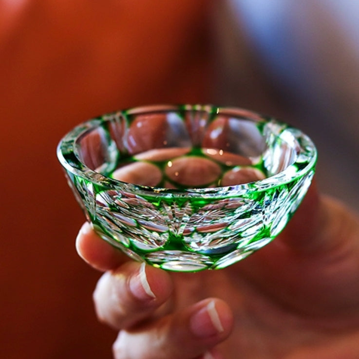 Edo Kiriko Handcrafted Jade Blossom Artistry Glass – A Verdant Dream in Crystal