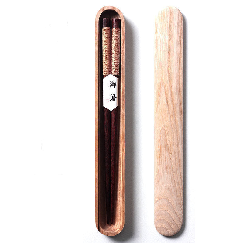 Black Walnut Chopsticks with Decorative Thread in a Wooden Box