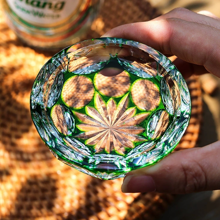 Edo Kiriko Handcrafted Jade Blossom Artistry Glass – A Verdant Dream in Crystal