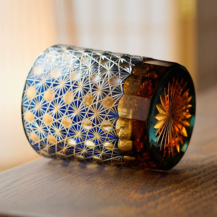 Edo Kiriko "Star Chrysanthemum" Whisky Glasses: Handcrafted Amber Crystal with Wooden Presentation Box
