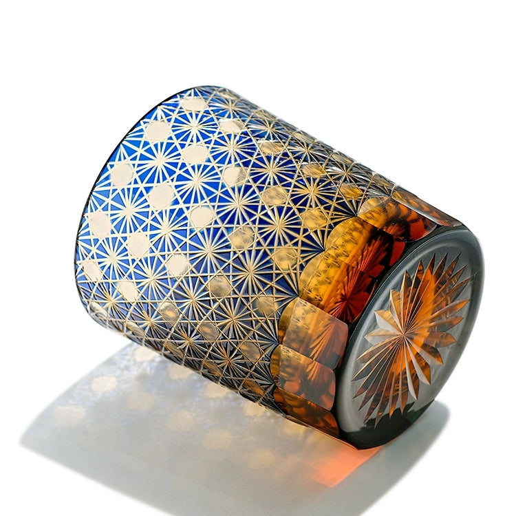 Edo Kiriko "Star Chrysanthemum" Whisky Glasses: Handcrafted Amber Crystal with Wooden Presentation Box