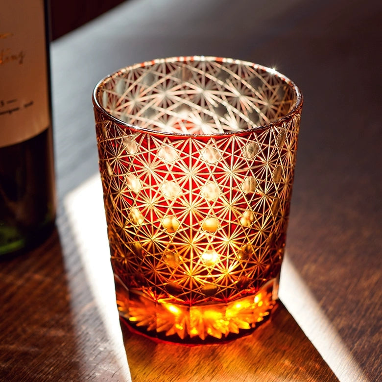 Edo Kiriko "Star Chrysanthemum" Whisky Glasses: Handcrafted Amber Crystal with Wooden Presentation Box