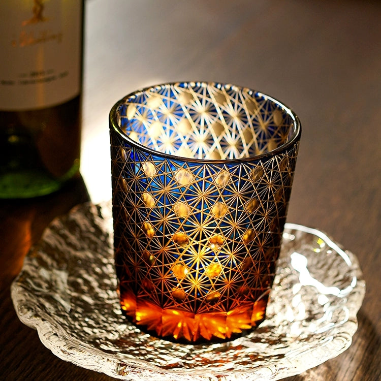 Edo Kiriko "Star Chrysanthemum" Whisky Glasses: Handcrafted Amber Crystal with Wooden Presentation Box