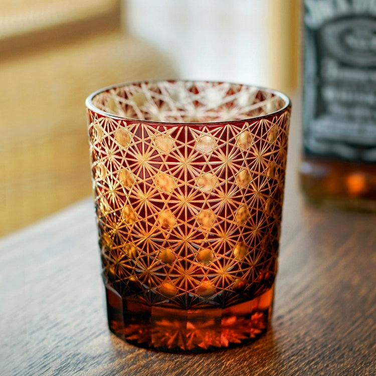 Edo Kiriko "Star Chrysanthemum" Whisky Glasses: Handcrafted Amber Crystal with Wooden Presentation Box