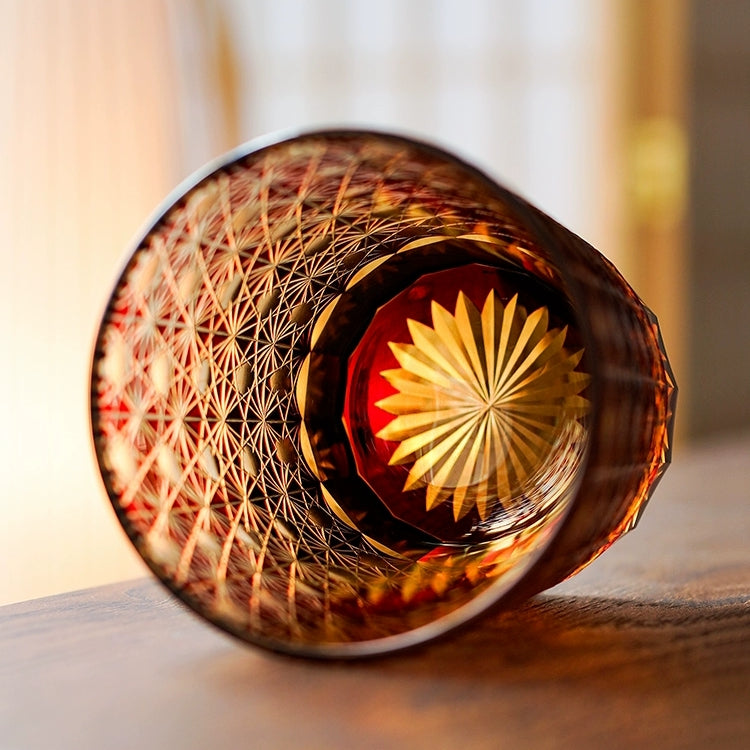 Edo Kiriko "Star Chrysanthemum" Whisky Glasses: Handcrafted Amber Crystal with Wooden Presentation Box