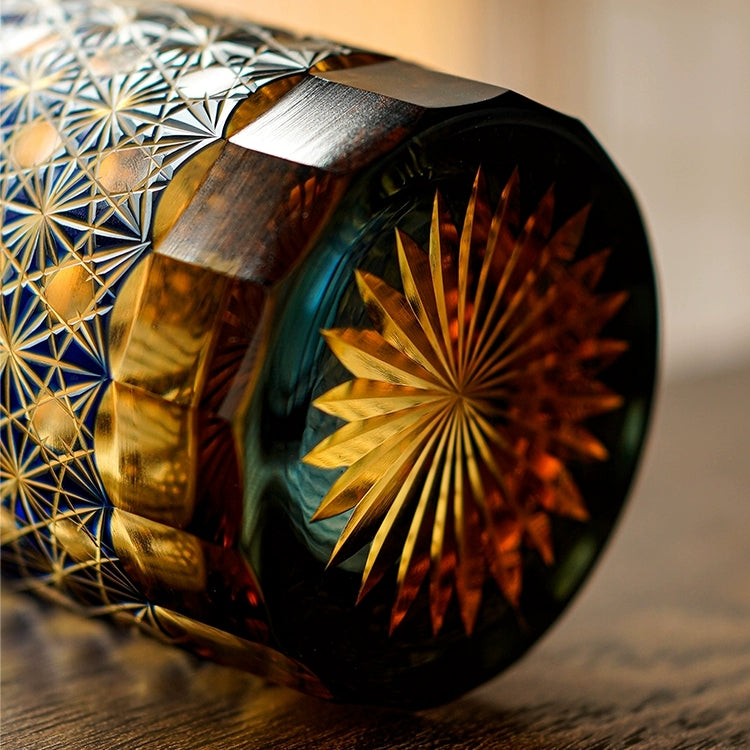 Edo Kiriko "Star Chrysanthemum" Whisky Glasses: Handcrafted Amber Crystal with Wooden Presentation Box