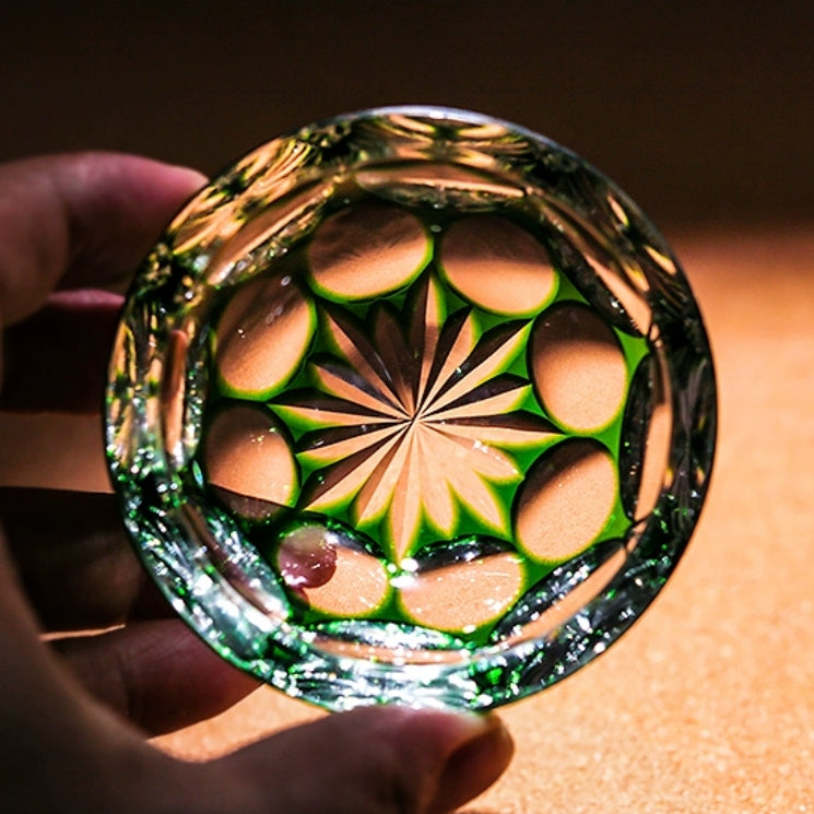 Edo Kiriko Handcrafted Jade Blossom Artistry Glass – A Verdant Dream in Crystal