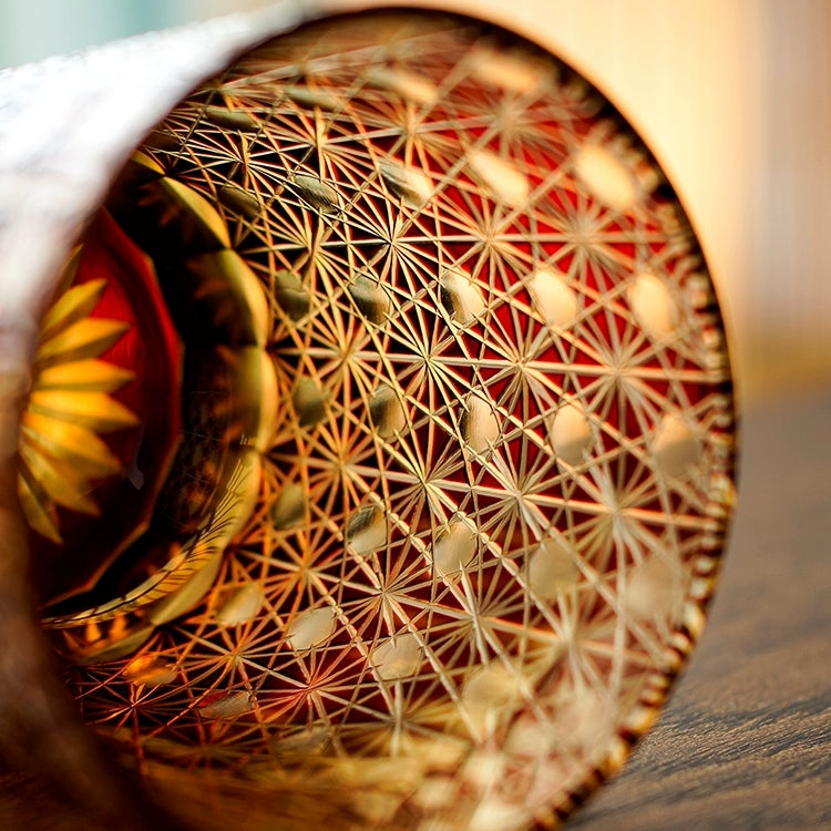 Edo Kiriko "Star Chrysanthemum" Whisky Glasses: Handcrafted Amber Crystal with Wooden Presentation Box