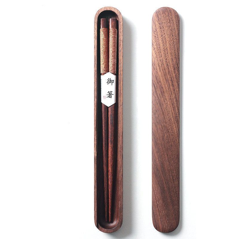Black Walnut Chopsticks with Decorative Thread in a Wooden Box