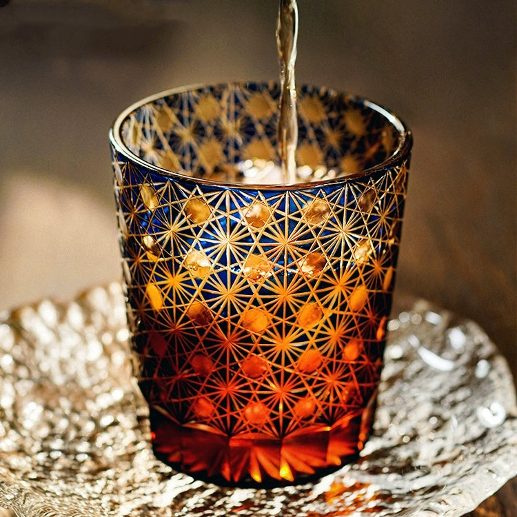 Edo Kiriko "Star Chrysanthemum" Whisky Glasses: Handcrafted Amber Crystal with Wooden Presentation Box